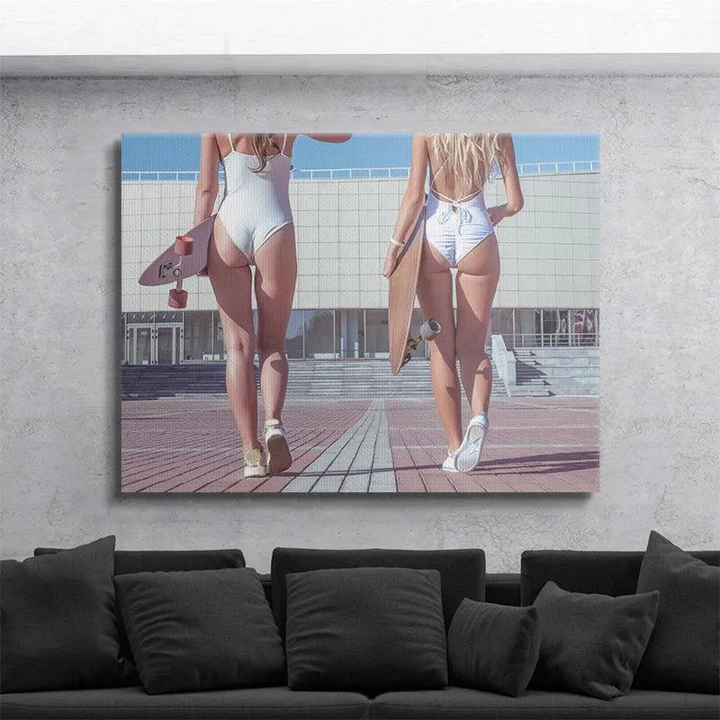 Texture focus on the reddish brick pavement beneath the feet of the 'Skate Bums' models.