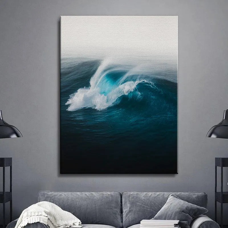 Lifestyle mockup of the 'Slab In The Dark' mounted canvas print displayed in a modern, coastal-themed living room.