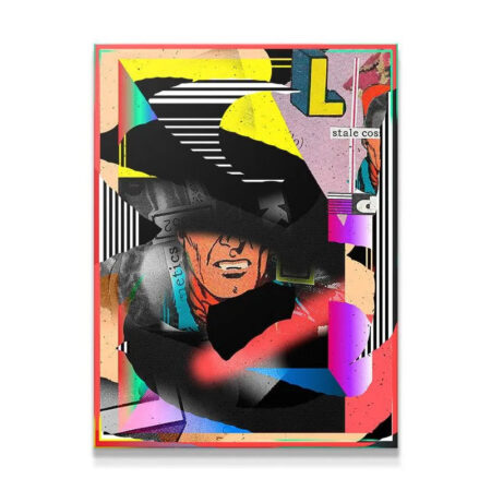 Full vertical view of the abstract digital artwork, Slick Cat Black Mask, framed by a thin red border.