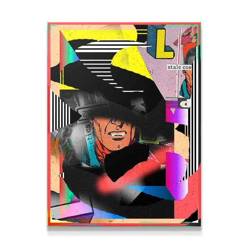 Full vertical view of the abstract digital artwork, Slick Cat Black Mask, framed by a thin red border.