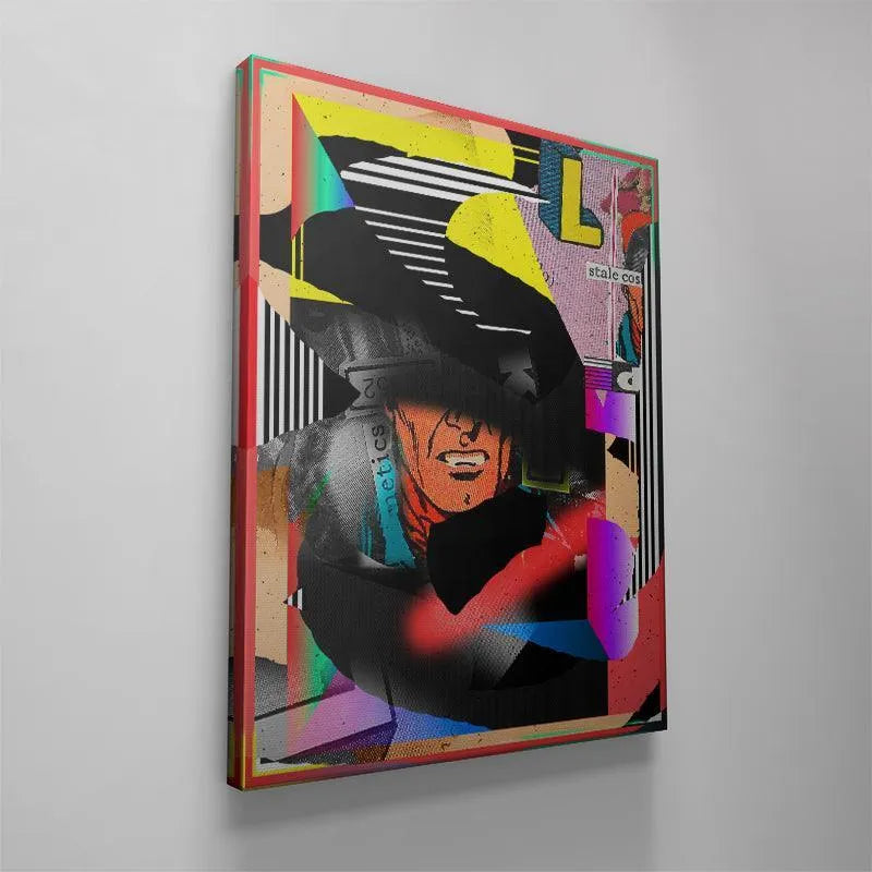 Lifestyle shot of the vibrant Slick Cat Black Mask print hanging in a modern, minimalist living room.