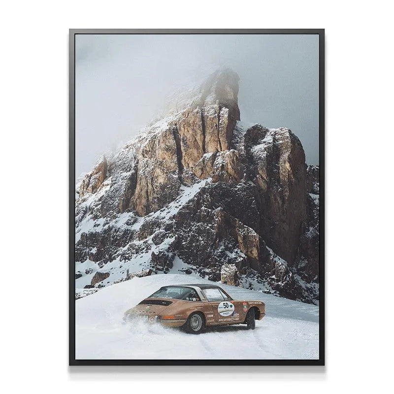 Wide view of the towering, snow-dusted rock face dominating the dramatic 'Snow Day' scene.