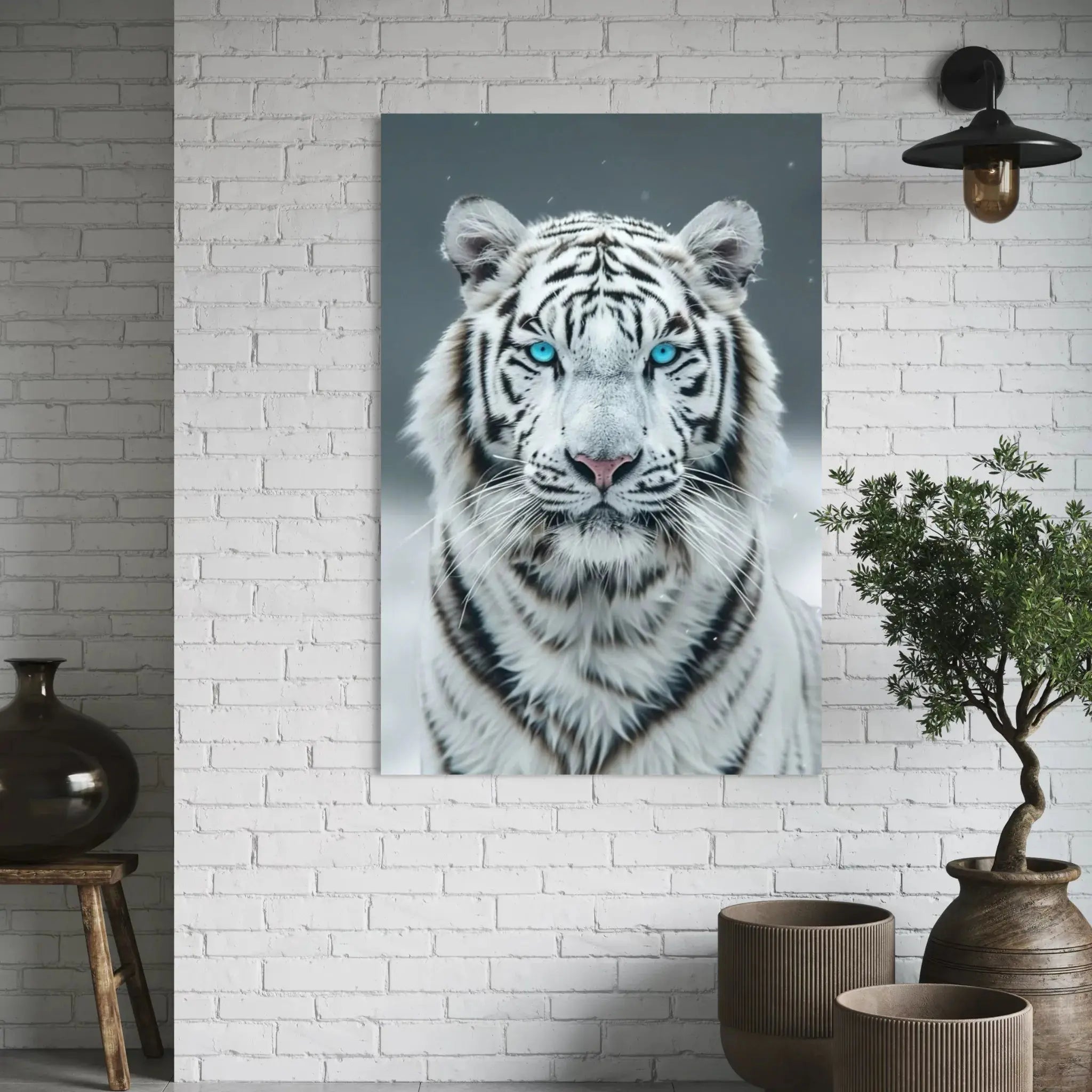White tiger in a snowstorm – captivating wall art for minimalist interiors