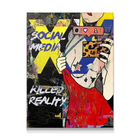 Full view of the vibrant Pop Art canvas 'Social Media Killed Reality' featuring a distressed yellow X background.