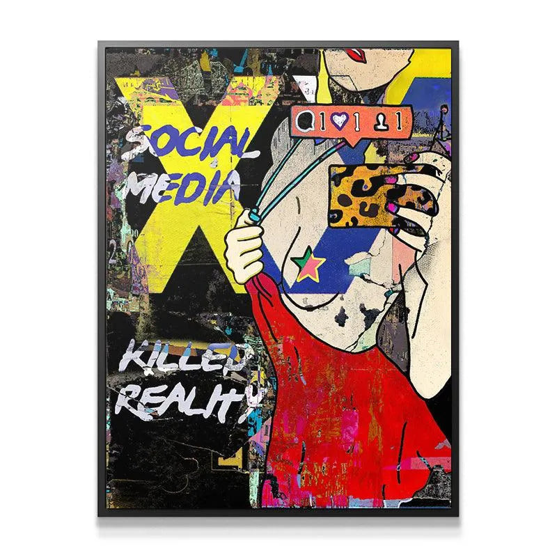 Close-up texture shot showcasing the layered paint and graffiti effect of 'Social Media Killed Reality' artwork.