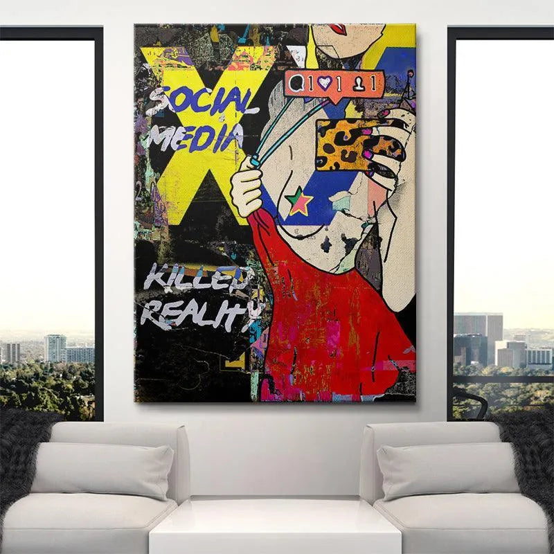 Angled shot of the modern provocative artwork 'Social Media Killed Reality' hanging in a contemporary gallery setting.