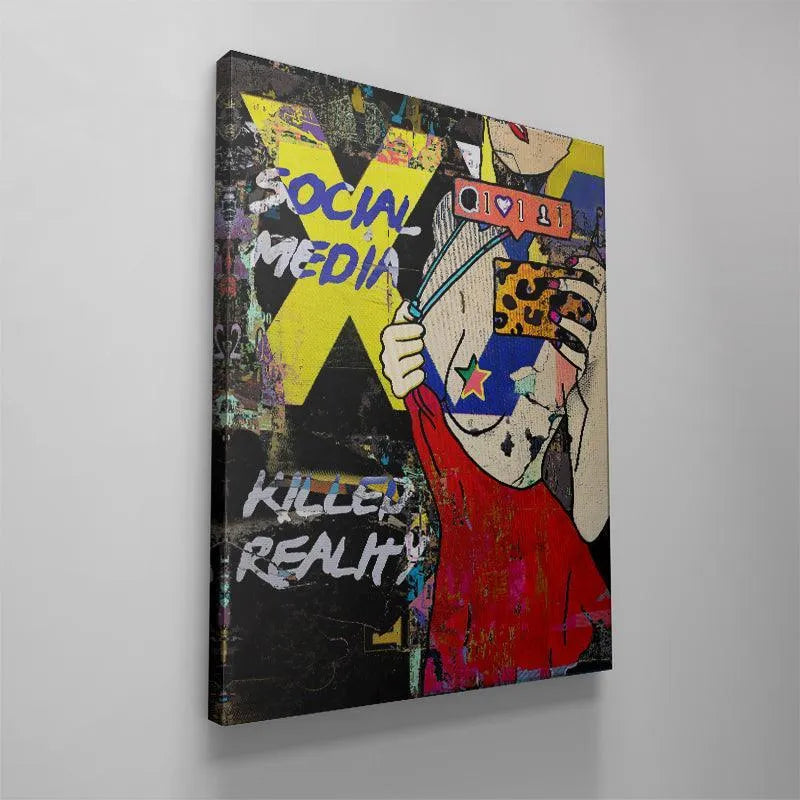 Side profile view highlighting the wrapped canvas edges and depth of the 'Social Media Killed Reality' print.