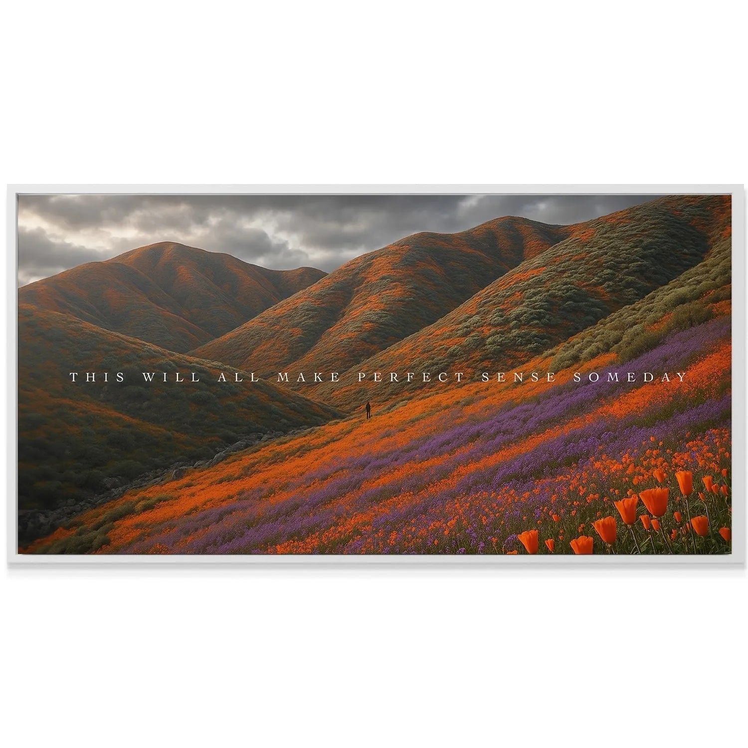 Moody, dark cloudy sky above the vibrant flowering landscape captured in the Someday print.