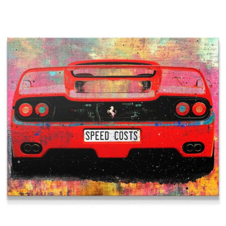 Full rear view of abstract red Ferrari canvas art displaying 'Speed Costs' license plate.