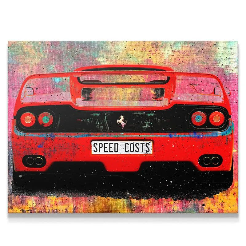Full rear view of abstract red Ferrari canvas art displaying 'Speed Costs' license plate.