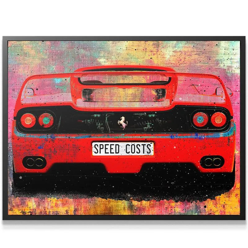 Close-up texture of the vibrant paint splatters against the red supercar featuring 'Speed Costs'.