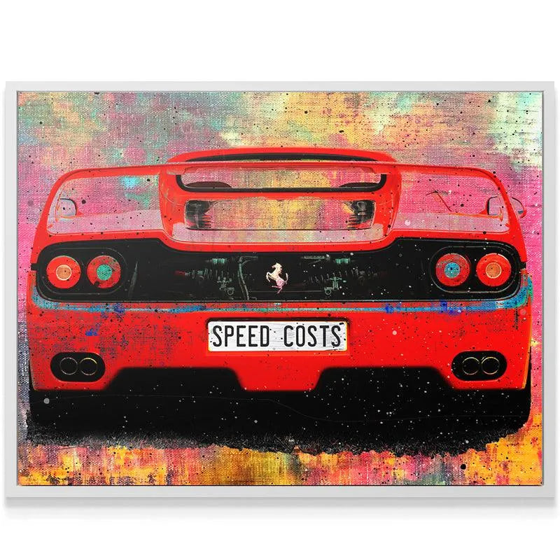Detailed shot of the central prancing horse emblem above the 'Speed Costs' license plate.