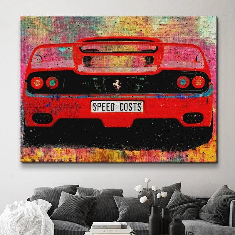 Low angle perspective of the circular tail lights on the 'Speed Costs' street art artwork.