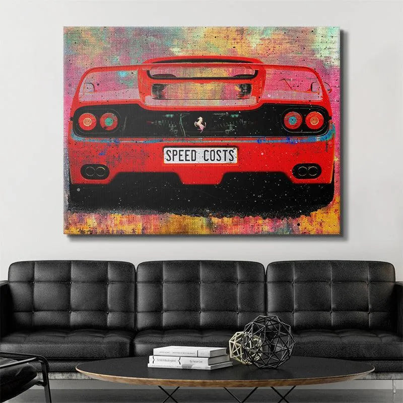 Wide view showing the gritty, multicolored background texture behind the 'Speed Costs' car print.
