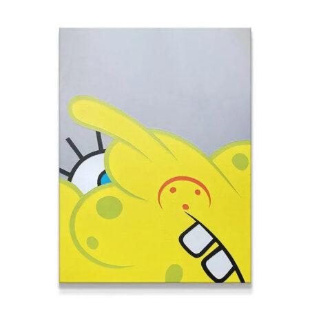 Close-up detail of the exaggerated eye and large pointing hand in the Spongeblot artwork.