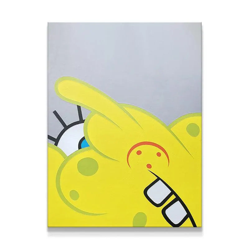 Close-up detail of the exaggerated eye and large pointing hand in the Spongeblot artwork.