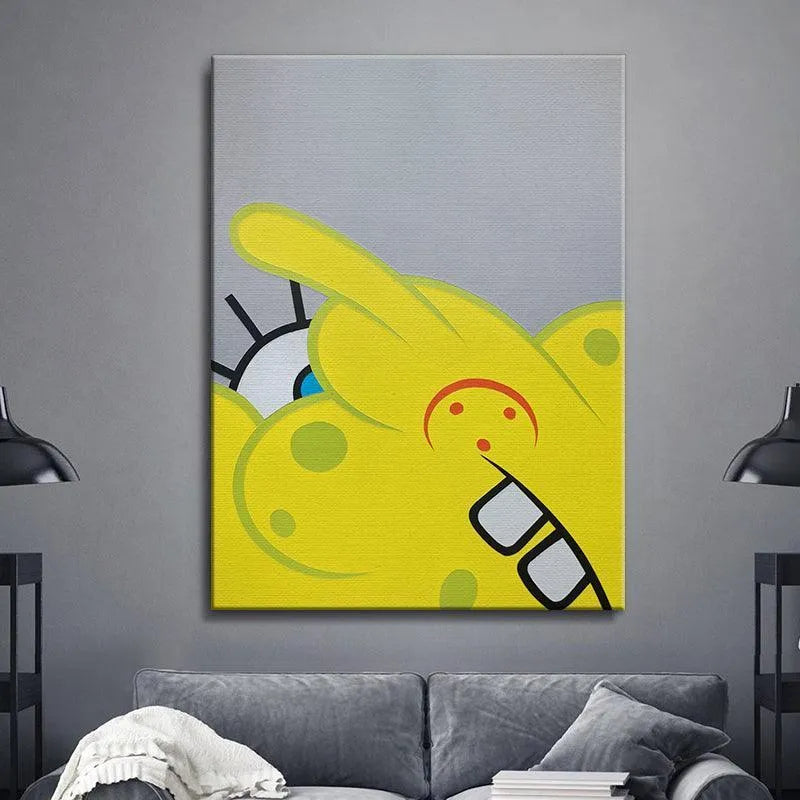 Spongeblot art hanging above a stylish mid-century modern sofa in a collector's lifestyle setting.