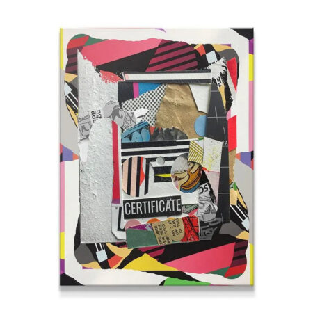Abstract collage artwork 'Spoonful Of Sugar' featuring vibrant colors and multilayered papers presented from a front angle.