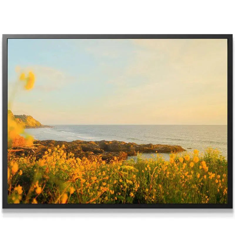 Close-up texture of yellow and green foliage illuminated by the soft light of the 'Spring Sunset'.