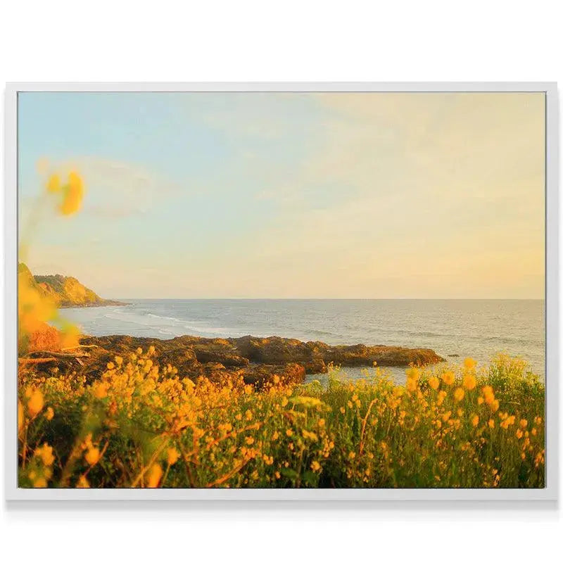 Rocky tidal pools and gentle waves visible beneath the glow of the 'Spring Sunset'.