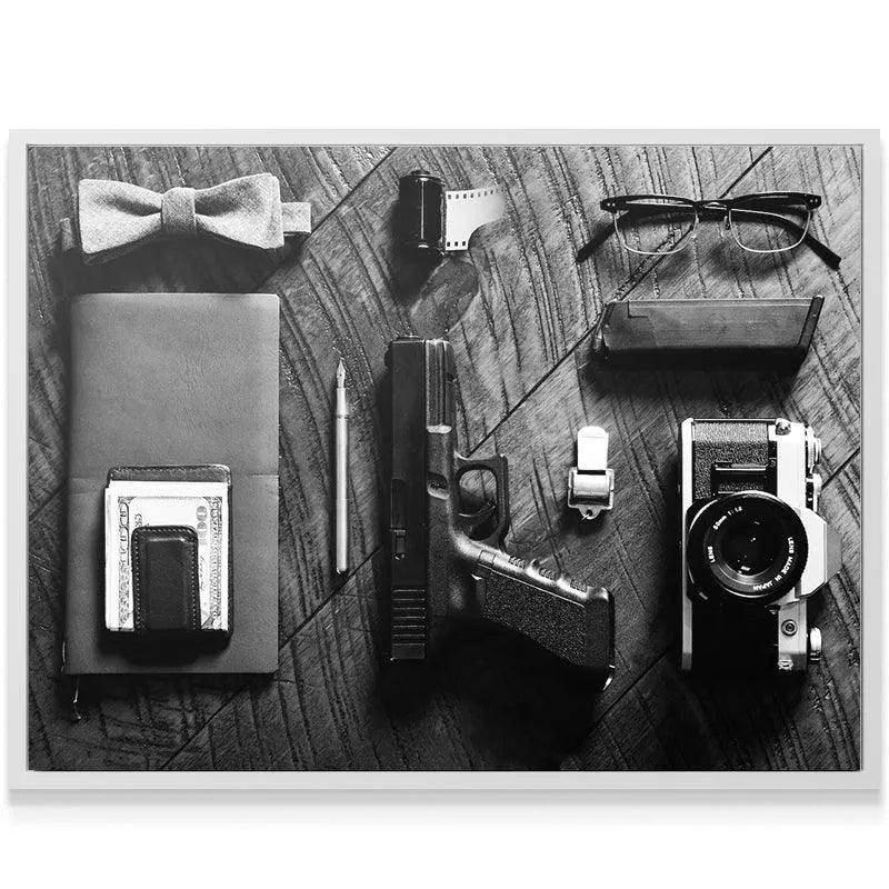 Detailed texture of the wooden backdrop contrasting with the smooth metal of the Spy Essentials kit.