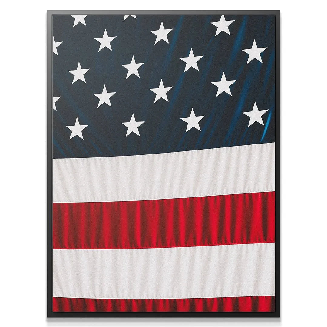 Textured canvas wall art featuring the vertical design of the Stars & Stripes, ready to hang.