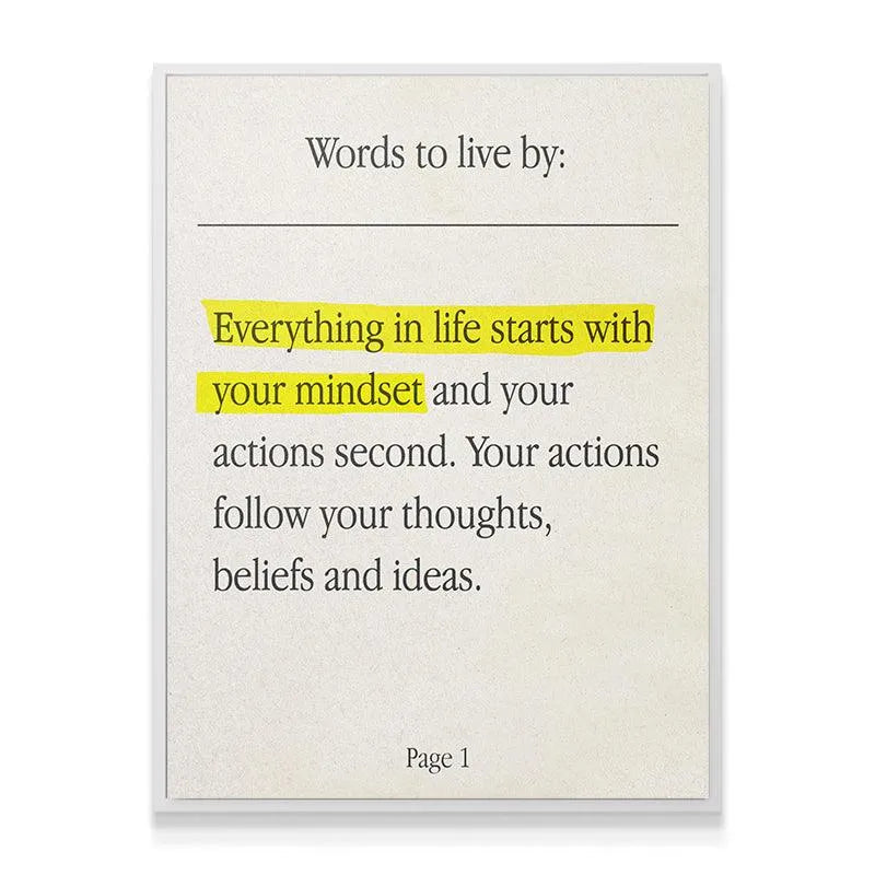 Lifestyle image showing the 'Starts With Mindset' card displayed on a minimalist desk next to a journal.