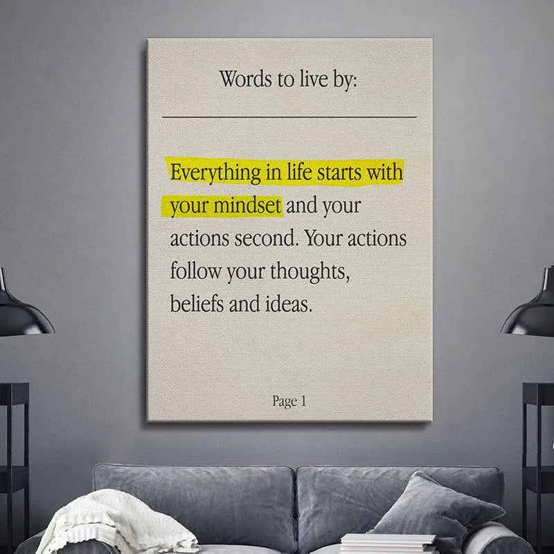 Detail of the paper texture and vintage ink style used for the 'Starts With Mindset' quote.