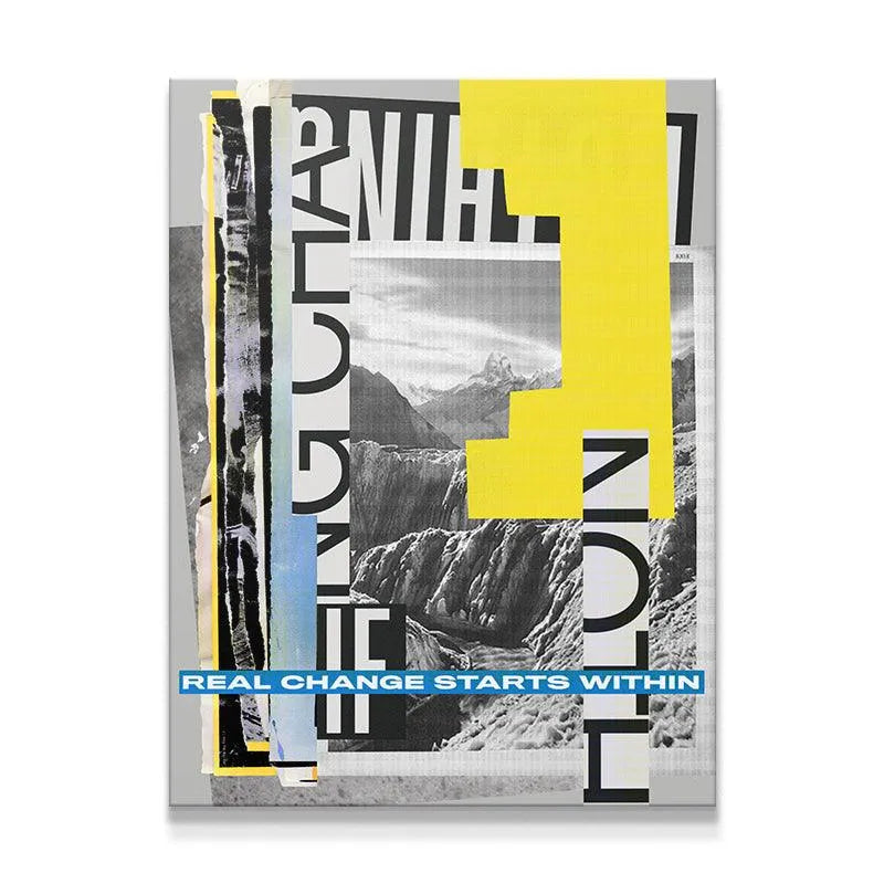 Full view of the 'Starts Within' abstract print with bold yellow and black text layers.