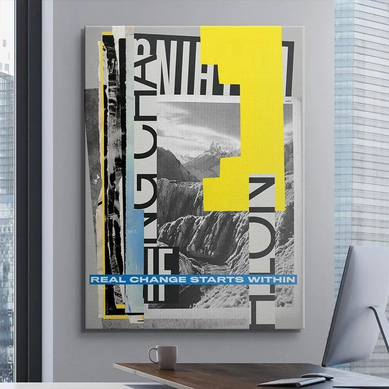 Close-up focusing on the vibrant yellow block element of the 'Starts Within' composition.