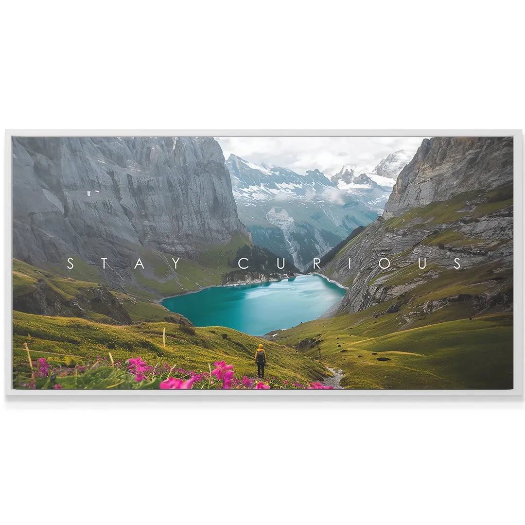 Wide-angle shot of the 'Stay Curious' artwork showing the hiker descending into the green valley.