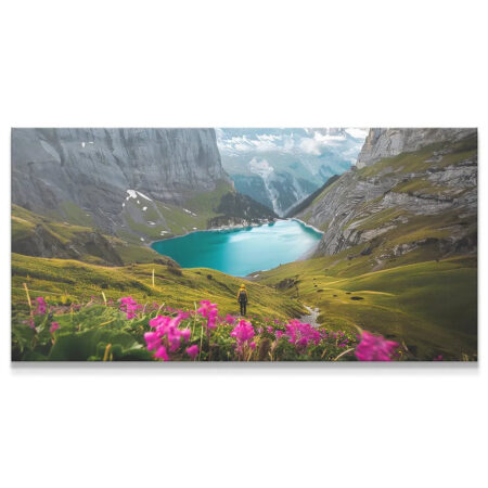 Close-up of pink wildflowers and hiker leading to the lake, symbolizing Stay Curious (No Quote).