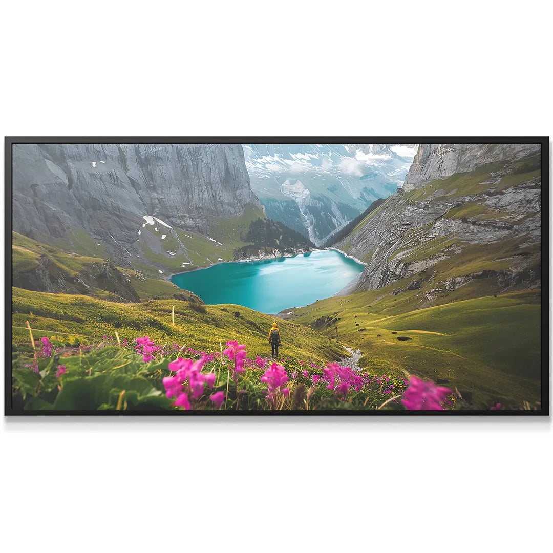 Wide panoramic view of the steep mountain cliffs surrounding the turquoise lake, encouraging Stay Curious (No Quote).