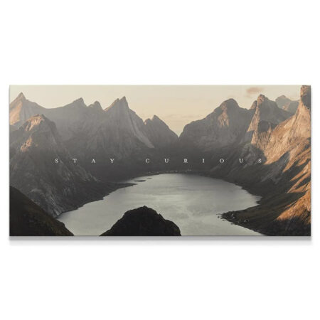 Wide panoramic view of the fjord landscape featuring "Stay Curious (shortstache™︎)" text overlay.