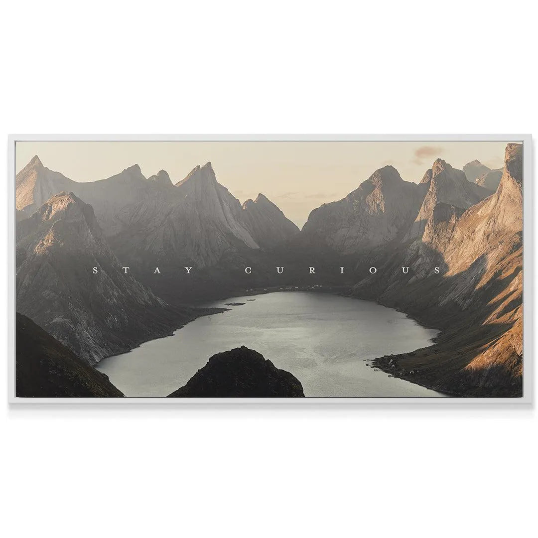 Textured view of the canvas surface showing the subtle, spaced lettering of "Stay Curious (shortstache™︎)".