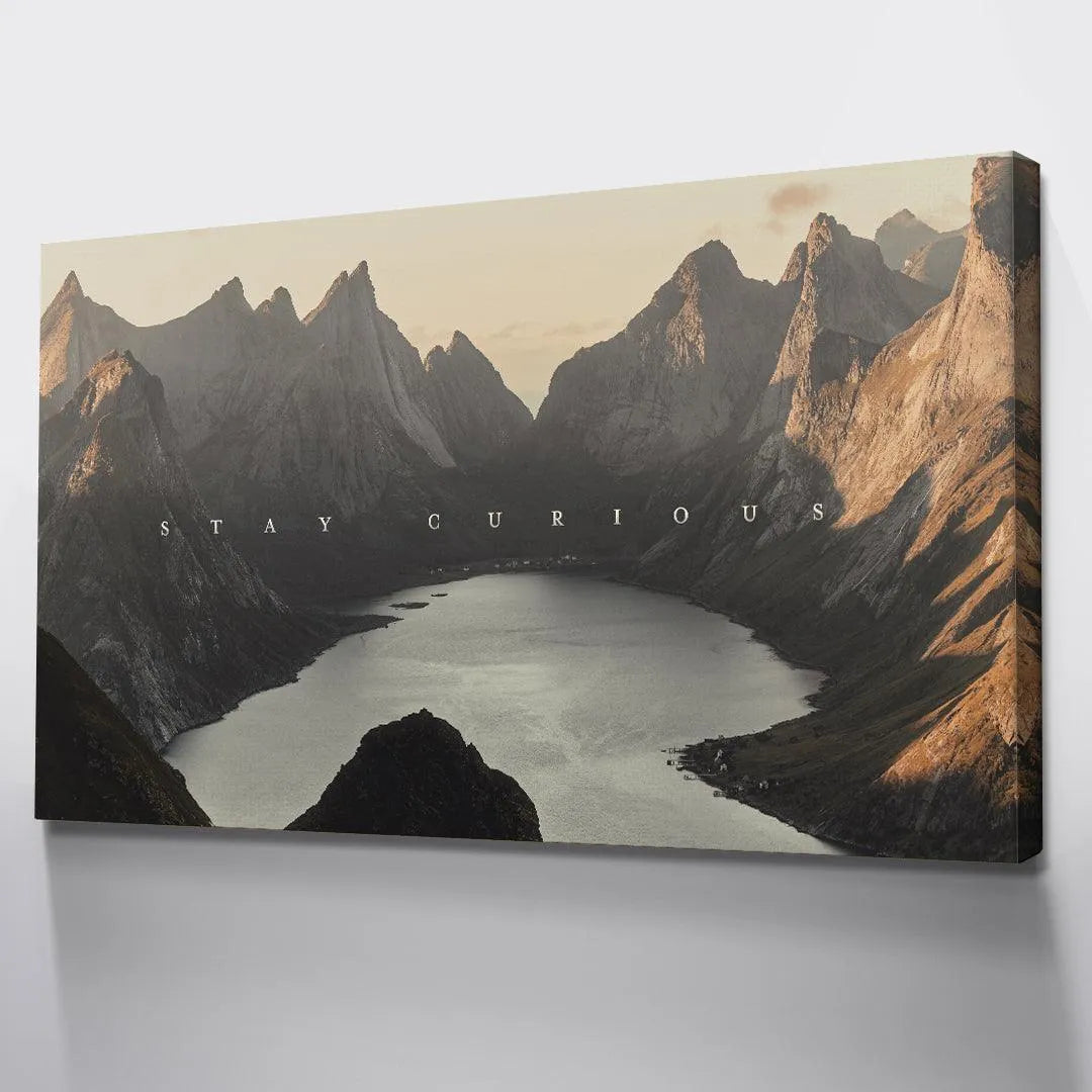 Detail of the warm, hazy sky and golden hour lighting in the "Stay Curious (shortstache™︎)" artwork.