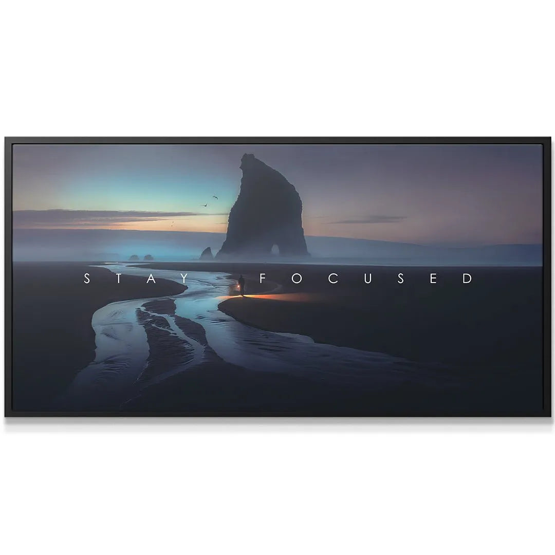 Close-up of the flowing water stream reflecting bright light on the sand in the "Stay Focused" motivational canvas.