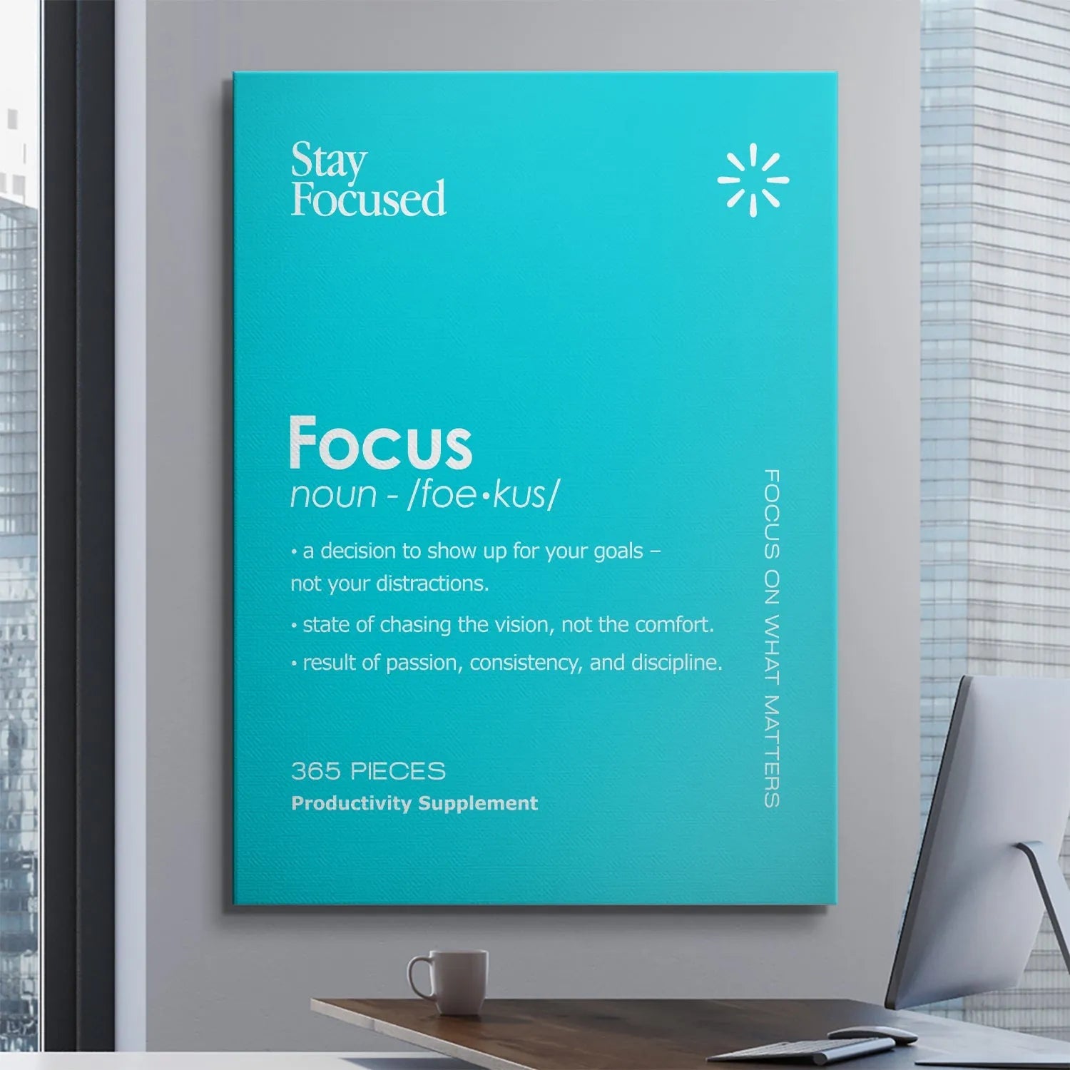 High-contrast digital rendering of the cyan art print designed to help you Stay Focused.
