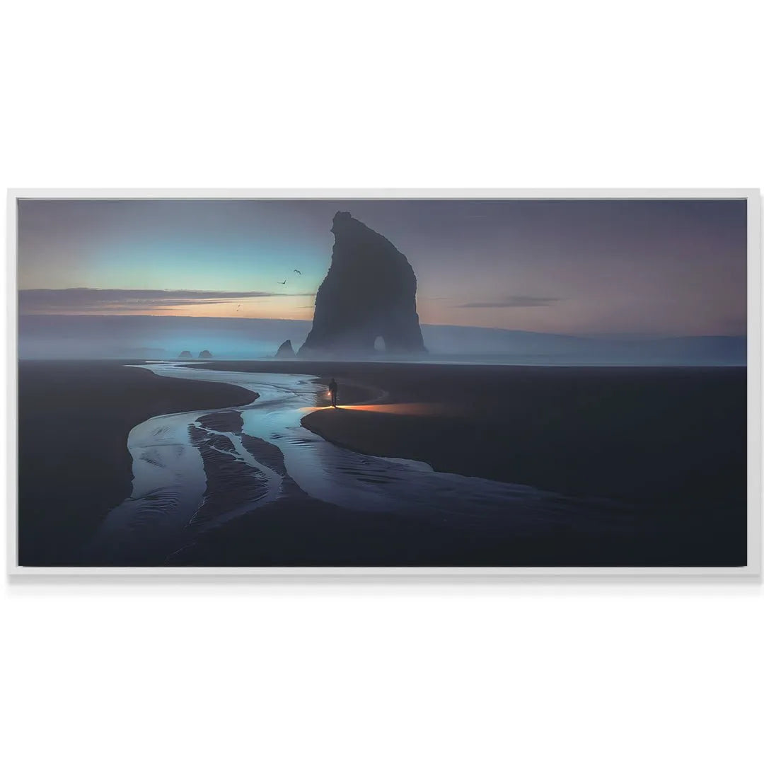 Artistic depiction of the twilight sky gradient and distant fog above the coastal scene labeled "Stay Focused."