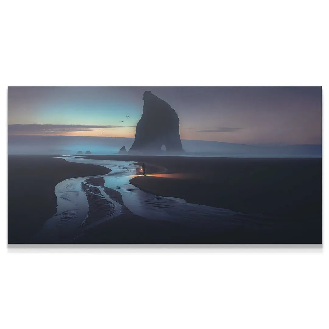 Wide-angle view of the dark beach and sea stack at dusk, highlighting the winding stream and 'Stay Focused (No Quote)'.