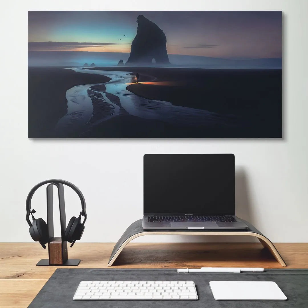 Panoramic shot focusing on the high-contrast cool blue water reflections against the dark sand, artwork 'Stay Focused (No Quote)'.