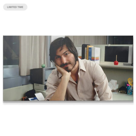 Close-up portrait of young Steve Jobs in cubicle, embodying the 'Stay Hungry Stay Foolish (No Quote)' ethos.