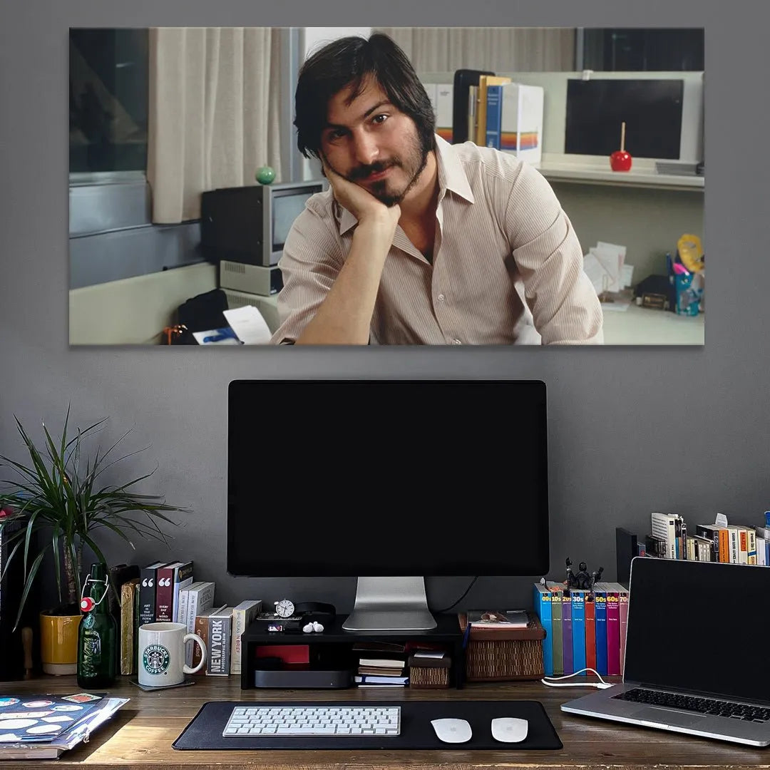 Vintage office background behind the thoughtful Steve Jobs, highlighting the historical context of 'Stay Hungry Stay Foolish (No Quote)'.