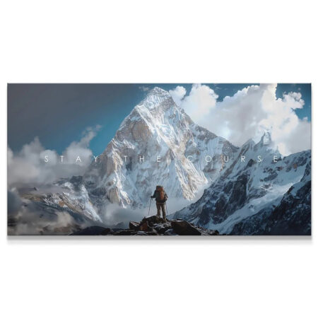 Panoramic view of the mountaineer on the rocky summit, titled 'Stay The Course'.