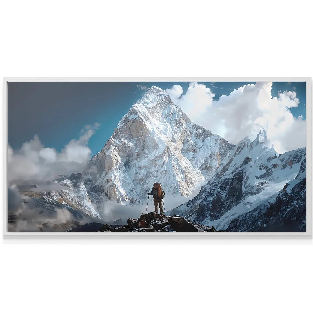 Wide-angle shot showing the immense scale of the white-capped peak beneath a dramatic blue sky for Stay The Course (No Quote) artwork.