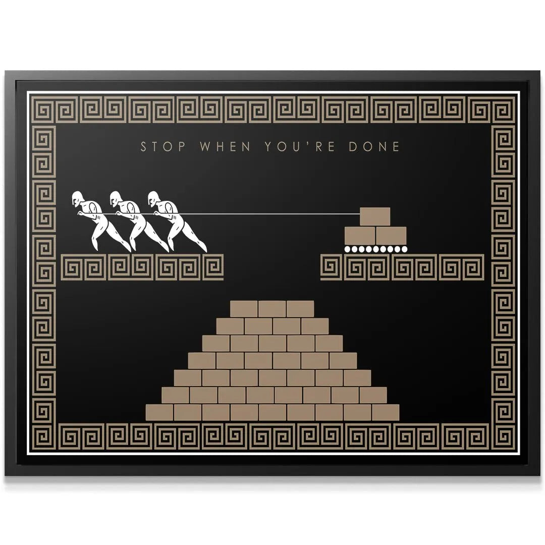 Full front view of the minimalist artwork showing the black background and tan pyramid structure in Stop When You're Done - Empire Series.