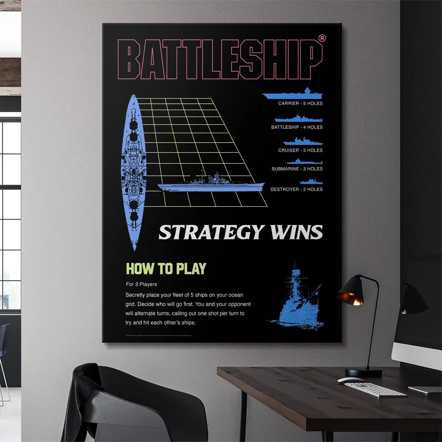 Angled shot highlighting the retro neon pink 'BATTLESHIP' title where Strategy Wins.
