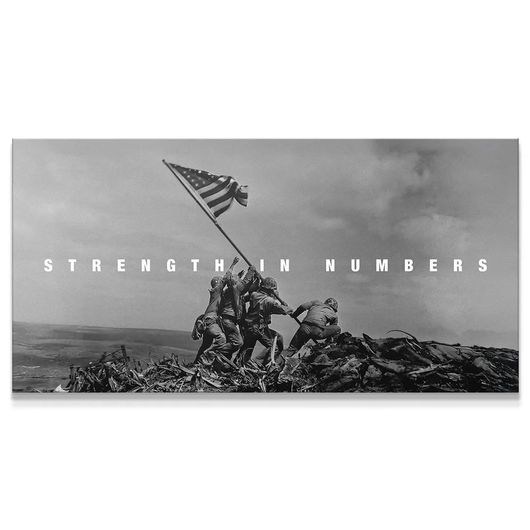 Full rectangular view of the Iwo Jima flag raising historical photograph emphasizing 'Strength In Numbers' text overlay.