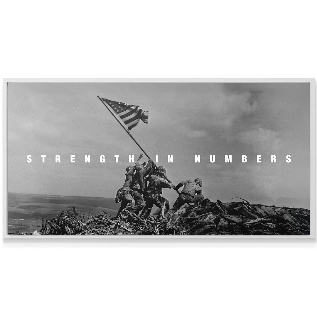 Monochrome print texture detail of the rugged terrain on Mount Suribachi, symbolizing 'Strength In Numbers'.