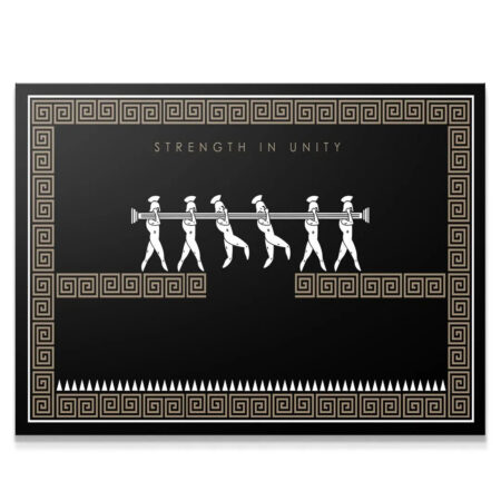 Full rectangular view of the Strength In Unity - Empire Series art print, featuring white figures on a black background framed by a gold Greek key border.